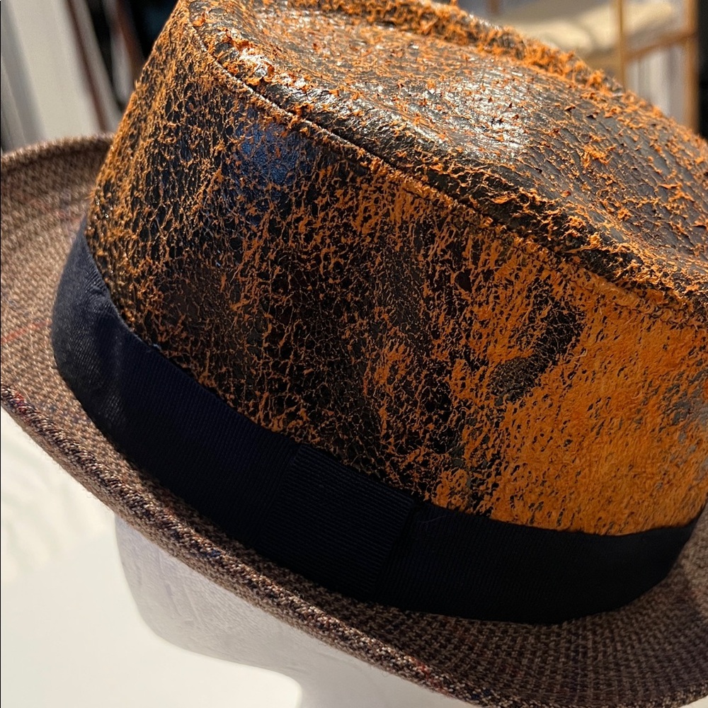 Textured Two-Tone Porkpie Hat in Burnt Orange and Brown Leather.